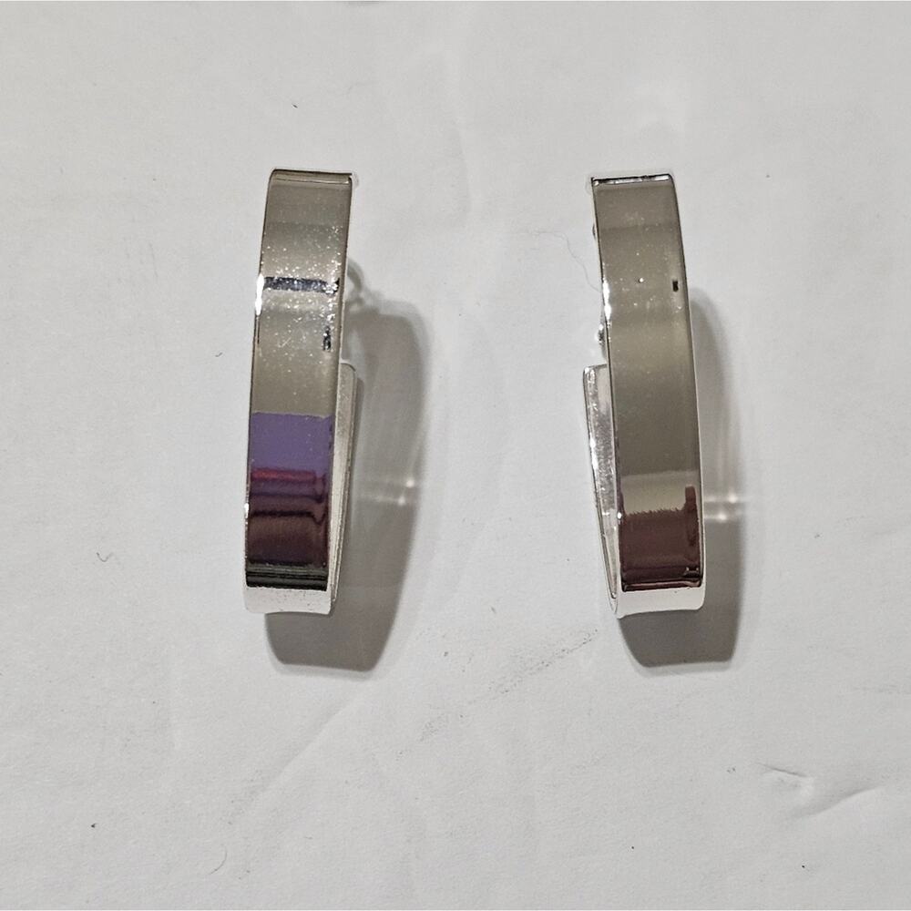 Lucky Brand Silver Tone Elongated Oval Geometric Hoop Earrings Modern Flat Edge